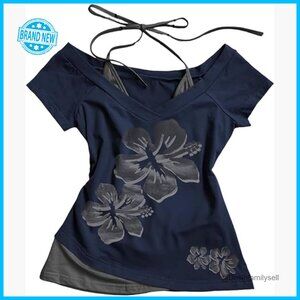 Y2K Crop Top Short Sleeve Floral Graphic Tee Goth Grunge Streetwear Summer